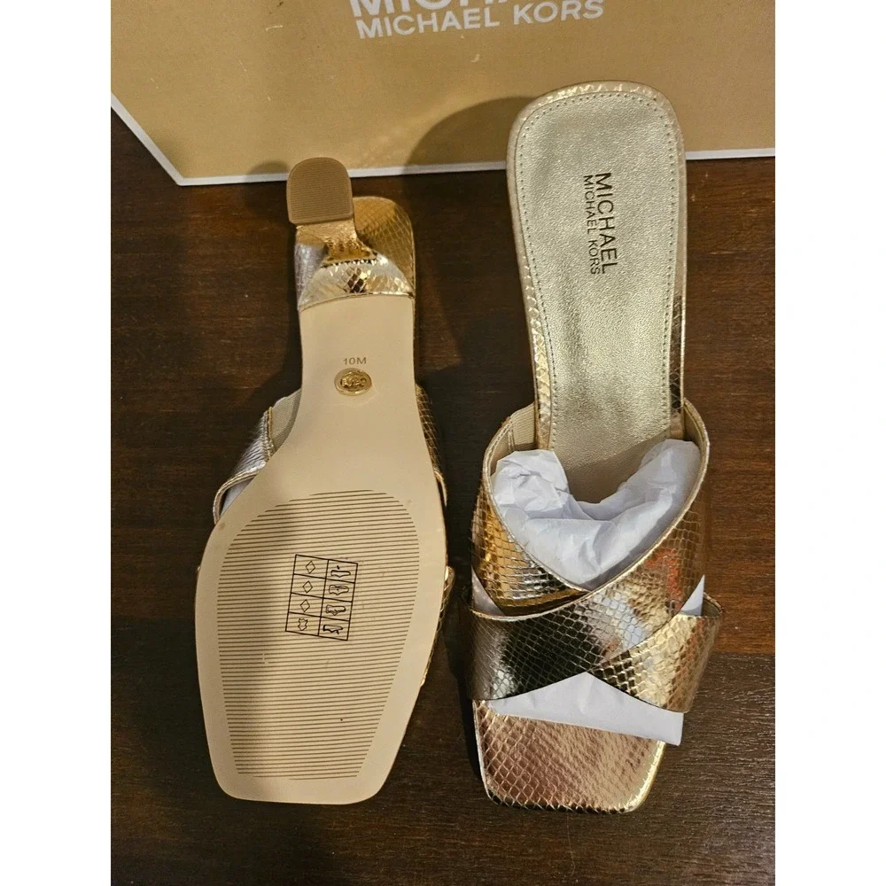 Michael Kors Clara Mule Square toe Sandals Gold Snake Skin leather New in box 10